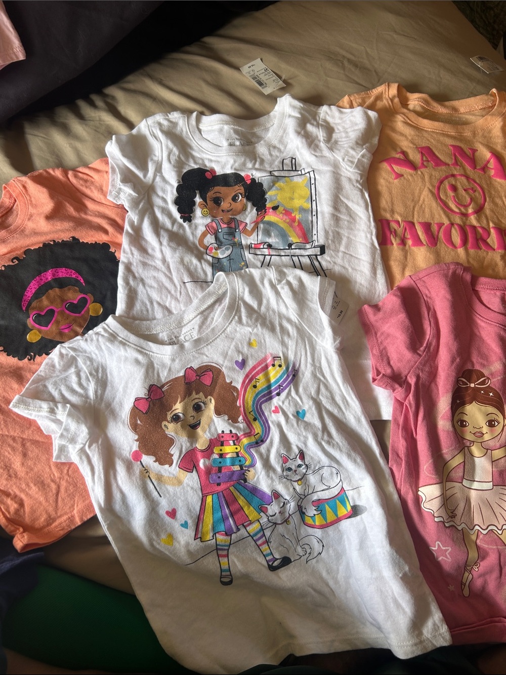 The Children's Place White Short Sleeve Tee with Rainbow, Girl & Cats Graphic